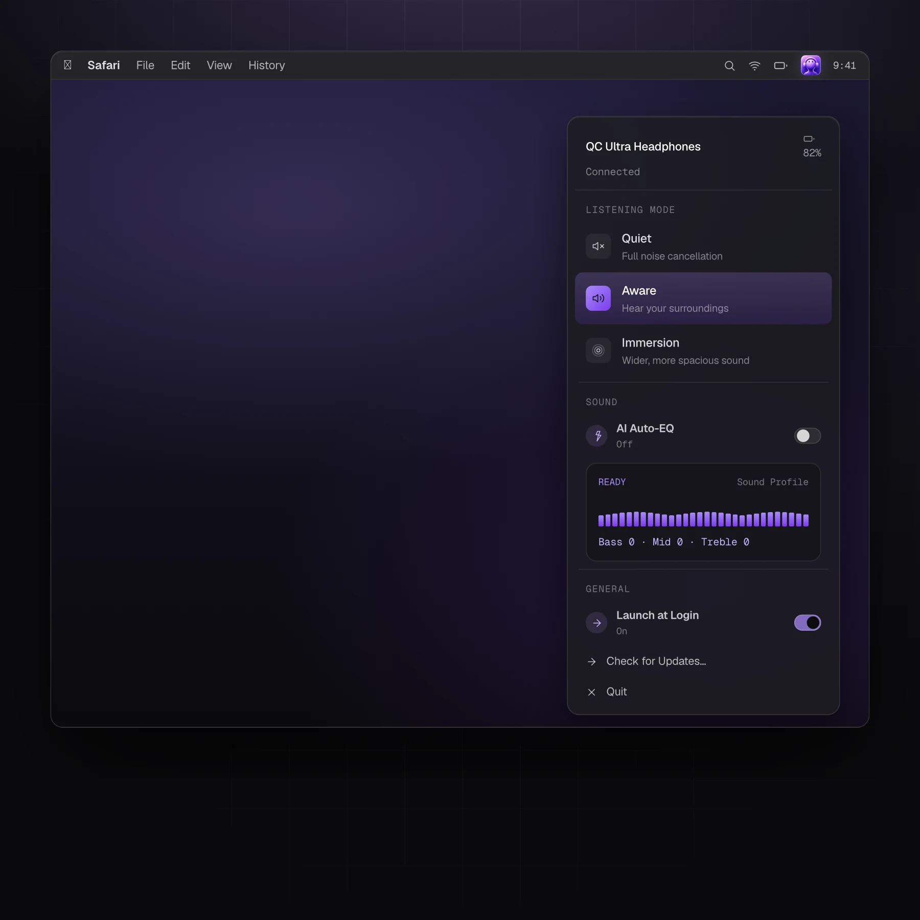 Aktueller Produktscreen von ANCBuddy in der macOS-Menüleiste