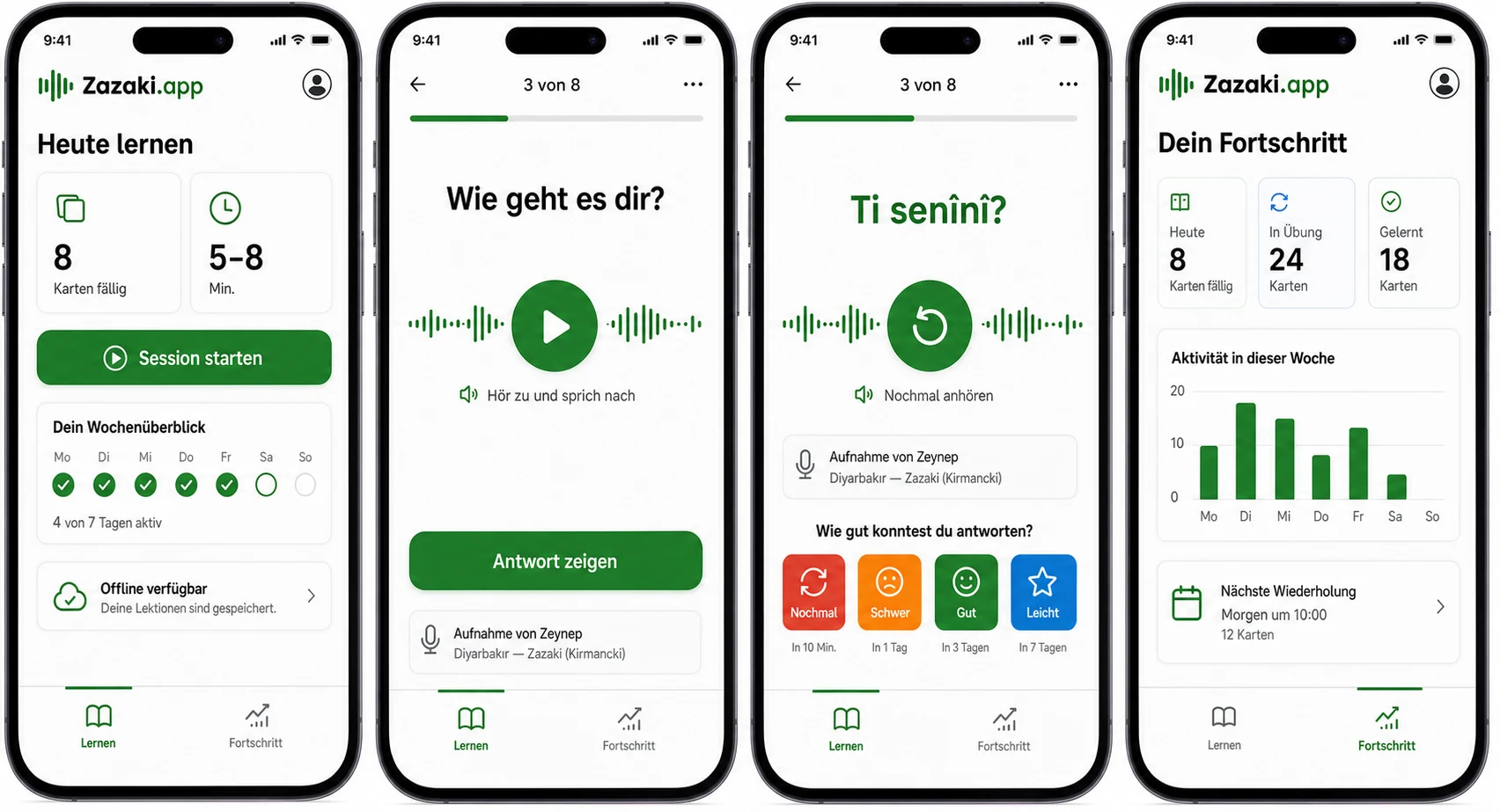 Vier Ansichten der Lernanwendung Zazaki.app
